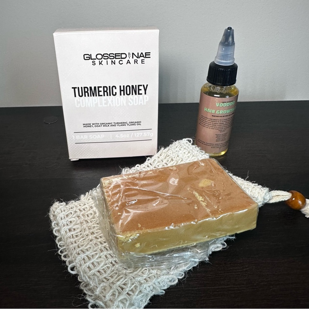 Glossed by Nae Skincare Turmeric Honey Complexion Soap Set + Voodoo Hair Oil
